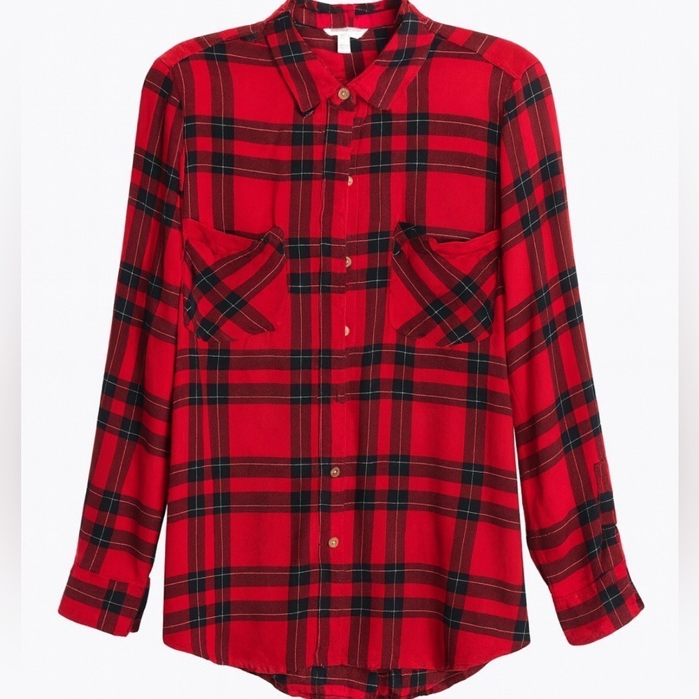 Lucky Brand Red Plaid Flannel Shirt Small Petite Grunge Indie Sleaze Fall